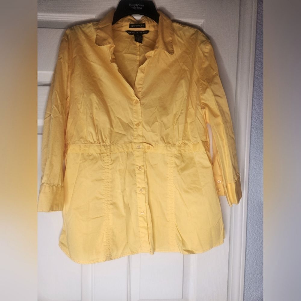 Antilia Femme 2X Yellow Cotton Nylon 3/4 Slves V-neck Buttons Up Women’s Shirt